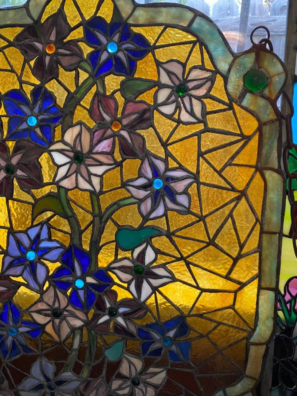 Antique Stained Glass Leaded Panel Victorian Salvage Mosaic Periwinkle Flowers - Picture 9 of 14